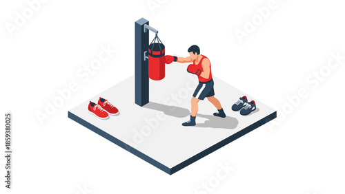 Isometric boxing training scene with punching bag and sports shoes