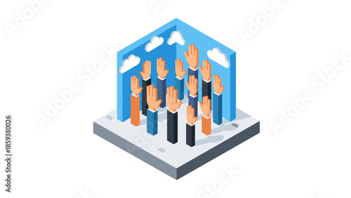Isometric 3d human hands raised in unity with cloud background