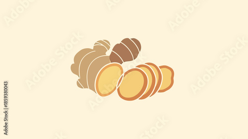 Stylized illustration of a ginger root and slices on a neutral, pale yellow background