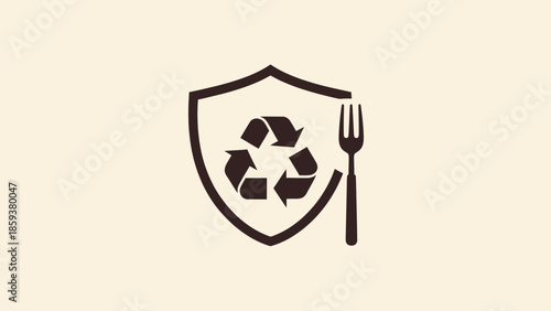 Illustration of a recycling symbol in a shield with a fork. It is a brown outline on an ecru background