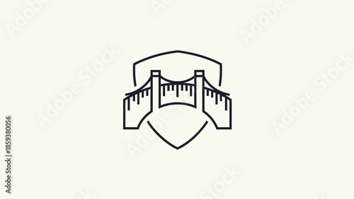 Minimalist line art logo featuring a bridge within a shield shape. Simple and modern design
