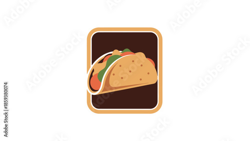 Stylized illustration of a filled taco in a brown square with rounded edges