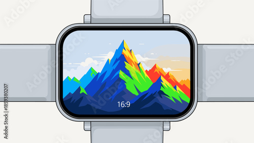 Smartwatch Displaying Colorful Mountain Landscape.