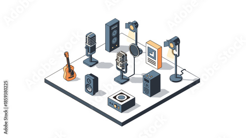 Audio studio elements in isometric style with microphones, speakers, and instruments