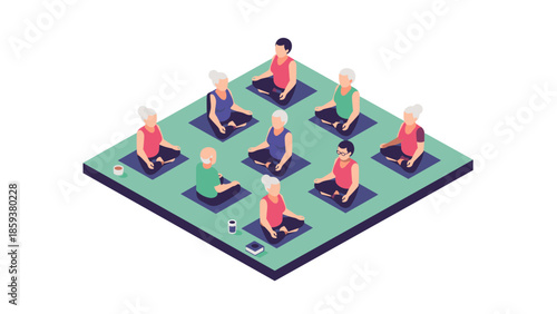 Group yoga class for seniors: diverse isometric design on mint green mat