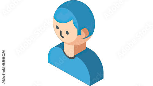 An isometric illustration of a stylized human figure with blue hair and shirt