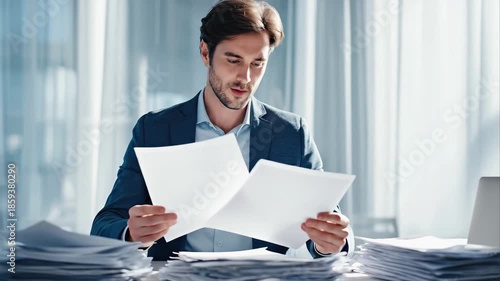 Professional man in blue blazer reviewing a large stack of documents at his desk. Intense workload, administration, thorough analysis