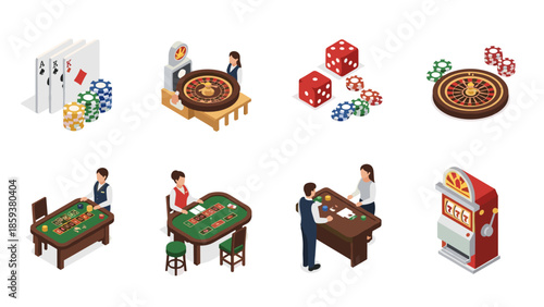 Isometric casino games collection: poker, roulette, and slot machines