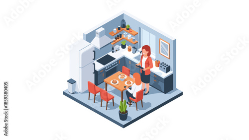 Modern family kitchen scene with people dining in isometric style