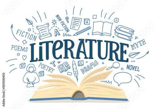 Literature. Open book with hand drawn doodles and lettering.