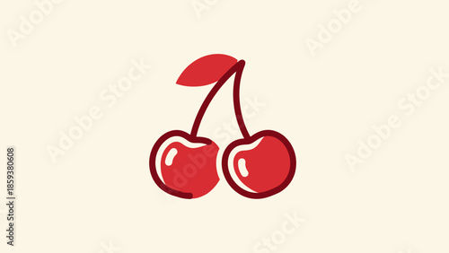 Two stylized red cherries with stems and a leaf, on a neutral background
