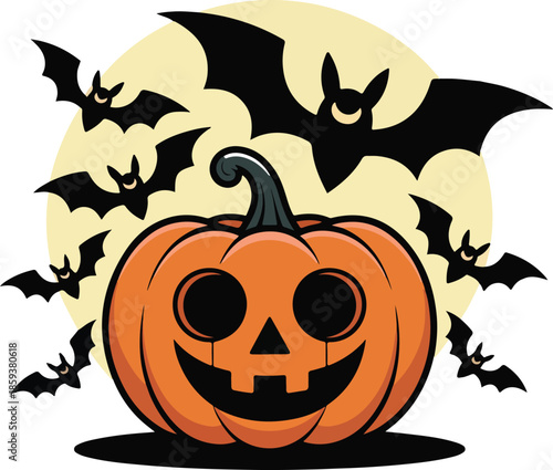 Orange jack o lantern with vector black bats and yellow moon