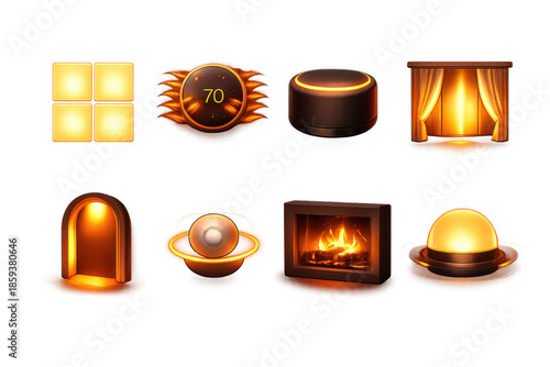 Glowing smart home gadgets with warm ambient lighting