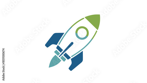 Colorful rocket illustration with shades of blue, green, and white on a white background