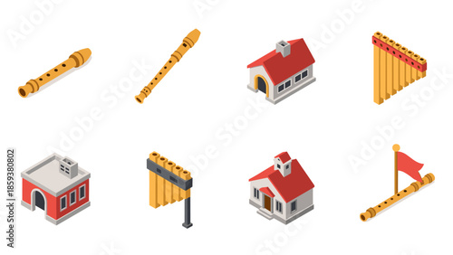 Isometric musical instruments and buildings collection with pan flute and recorder