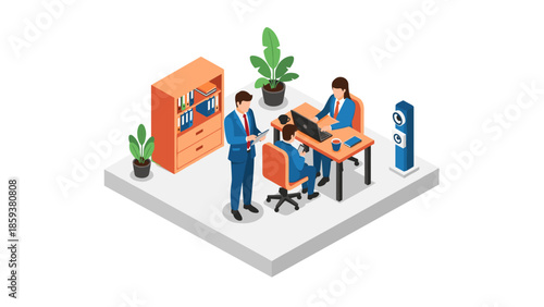 Modern isometric office scene with business professionals collaborating at their desks