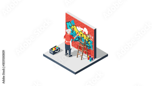 Isometric street artist painting colorful graffiti on brick wall