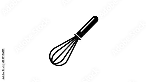 A black and white vector graphic of a kitchen whisk. Angled, isolated on white
