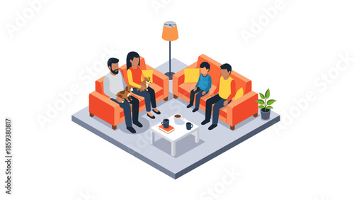 Family relaxing in modern living room with cozy furniture and pet