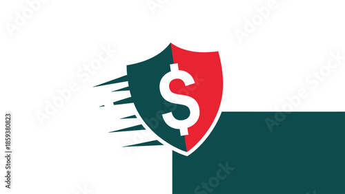 A dollar sign within a shield, with a white, red, and teal color scheme