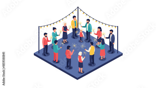 Isometric party celebration scene with people socializing and holding sparklers