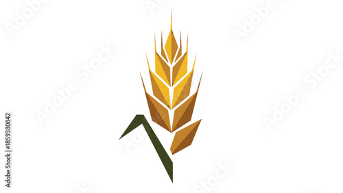 Geometric illustration of wheat ears in shades of gold and brown, green stems, white background
