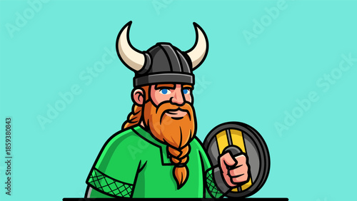 Cartoon Viking Warrior with Horned Helmet and Shield Illustration.