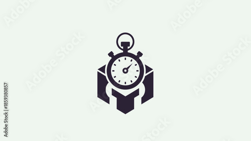 A black stopwatch icon rests atop an abstract hexagonal base on a white background