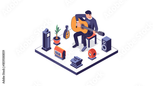 Isometric music practice scene with guitarist and musical equipment