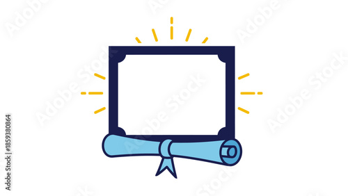 A diploma graphic, with a square frame, scroll, and beams radiating from the frame