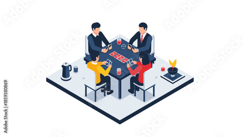 Team playing card game at office table in isometric style