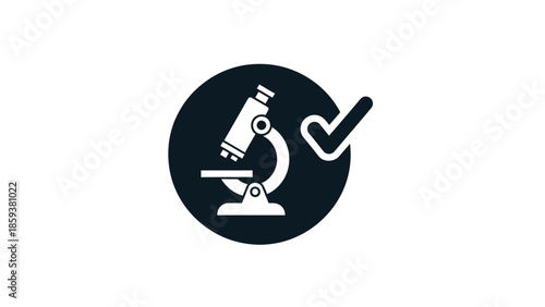 A white microscope and checkmark icon enclosed in a dark circle on a white background