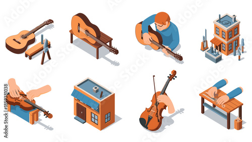 Isometric musical instrument making process with guitars and violins in workshop setting