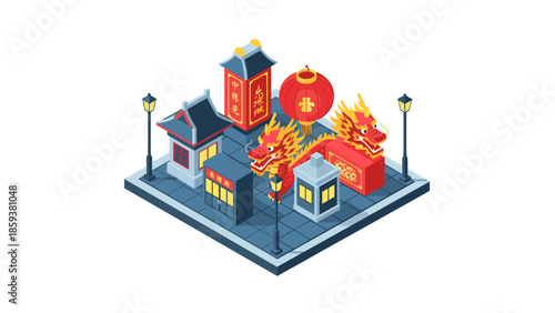 Isometric chinese new year celebration with lanterns and dragon in traditional asian street scene