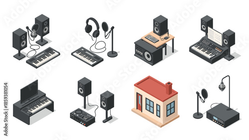 Isometric audio studio setup with musical instruments and equipment