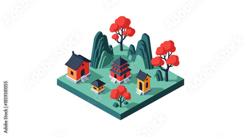 Colorful isometric asian village with temples and red trees