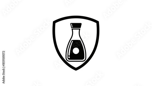 A black and white graphic of a soy sauce bottle inside a shield