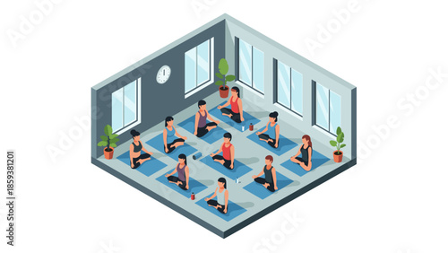 Isometric indoor yoga class with diverse people practicing meditation in gym setting