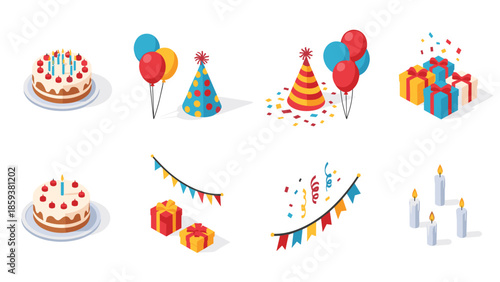 Colorful isometric birthday party elements with cake and balloons