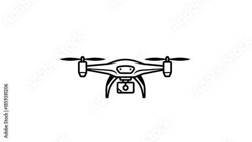 Black and white line art of a drone with camera, centered on a white background