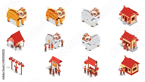 Isometric chinese new year: lion dance and festive market scenes