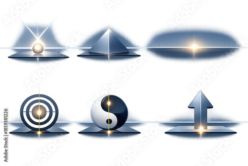 Abstract geometric shapes with shiny highlights and symmetrical reflections