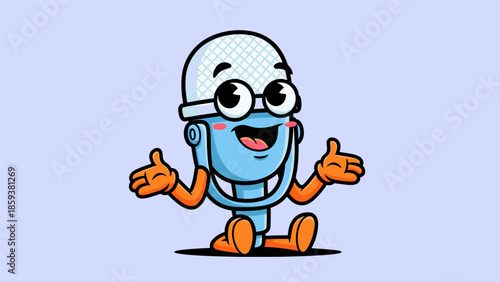 Cartoon Microphone Character with Glasses and Welcoming Gesture.