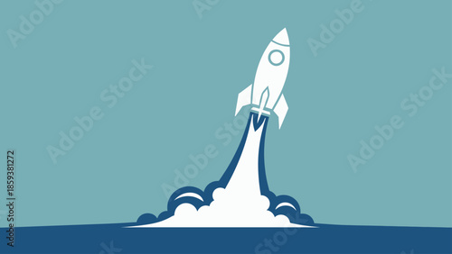 White cartoon rocket blasting off, leaving a trail against a blue backdrop with stylized water at base