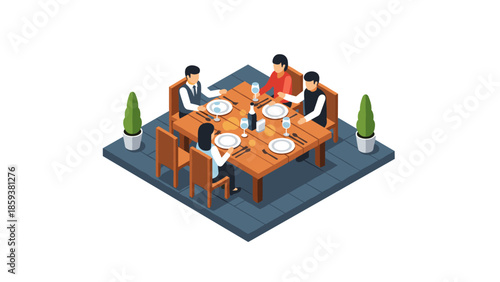 Dining together isometric concept with people enjoying a meal at a table