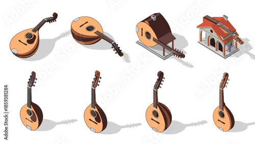 Isometric mandolin set featuring creative 3d objects and architectural fusion