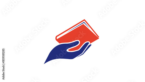 A stylized hand supports a red book with blue detailing. Isolated on a white background