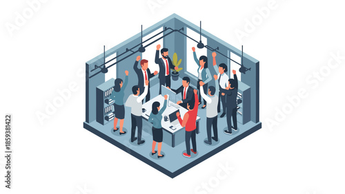Team celebration in modern office isometric style with business success theme