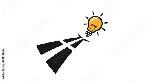 A yellow lightbulb with rays emanating from it, connected to a stylized path, on a white background
