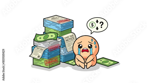 Cartoon character crying over stack of overdue bills and money
